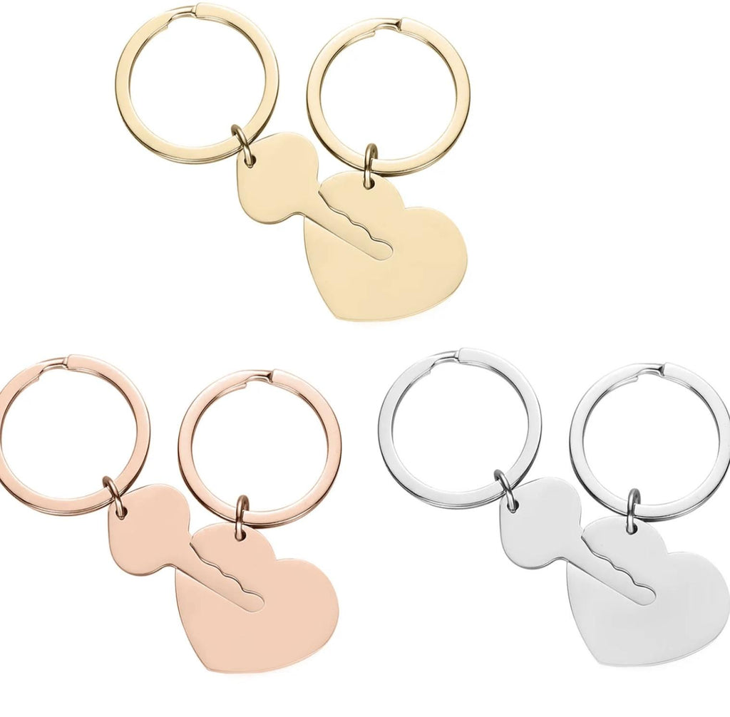 Stainless Steel Heart and Key Keychain Set
